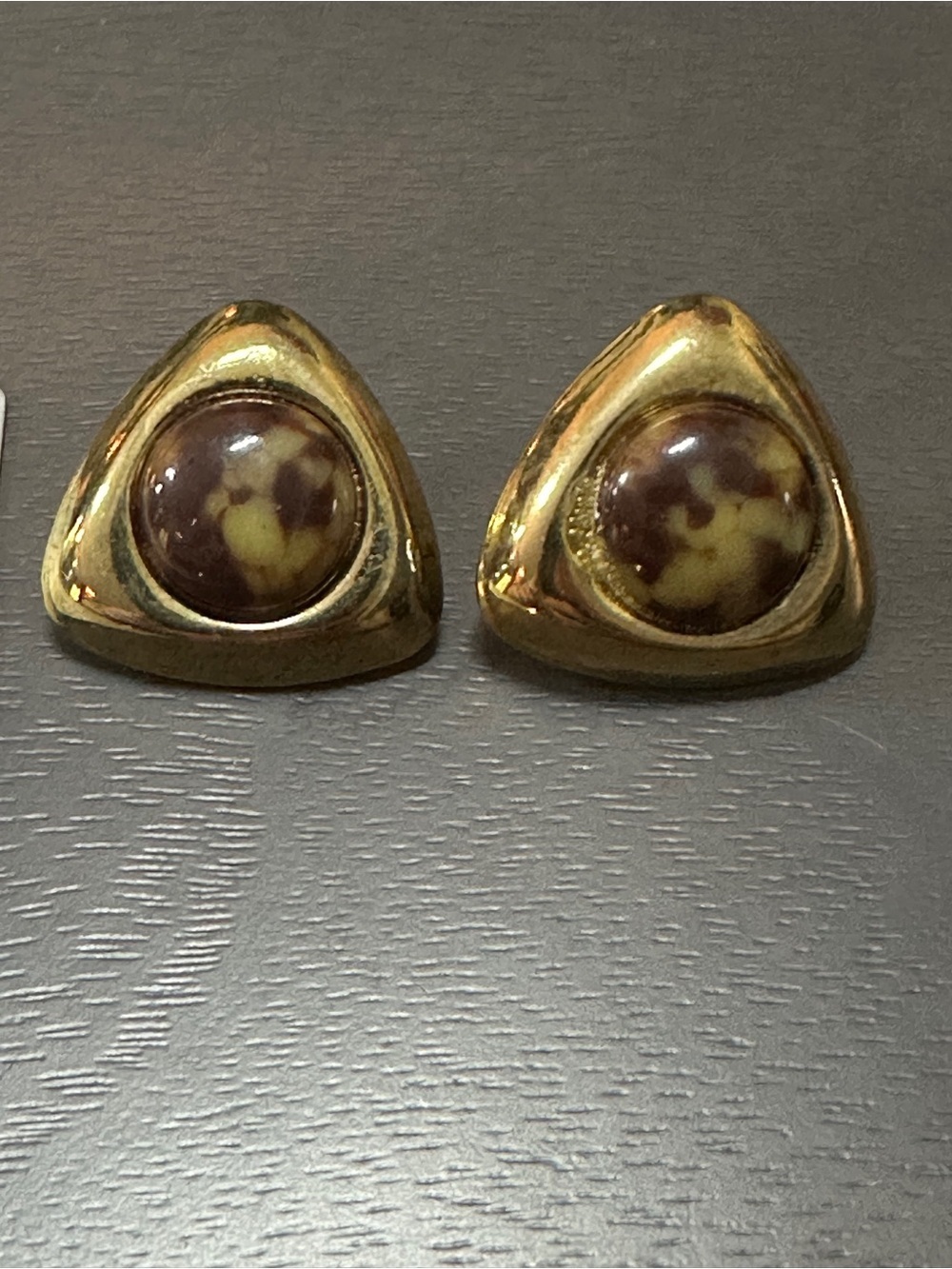 Gold-tone Triangle Clip Earrings with Brown and Cream Cabochons